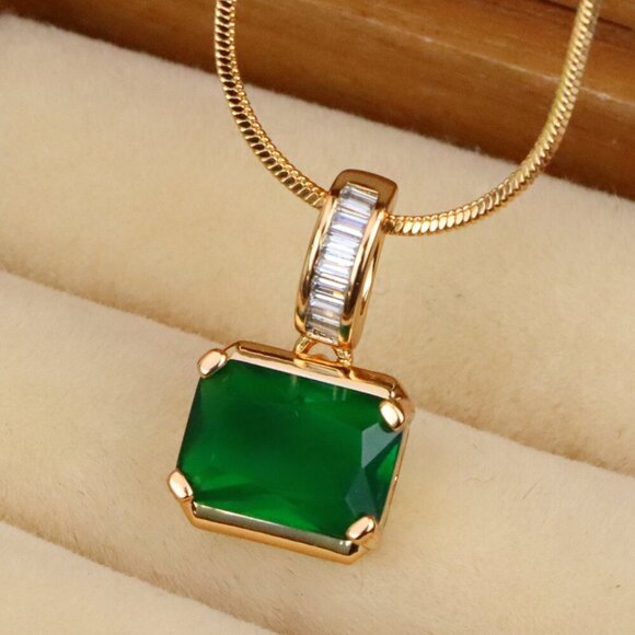 "Elegant Green Emerald Cut Pendant with Baguette Detail Bail, XPPT1781 - Picture 1 of 13